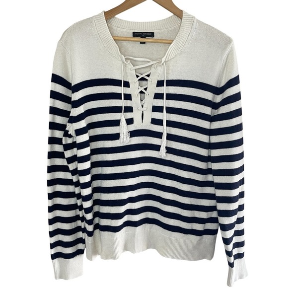 BANANA REPUBLIC 100% Cotton Sailor Stripe Tasseled Sweater, Large - Picture 1 of 6